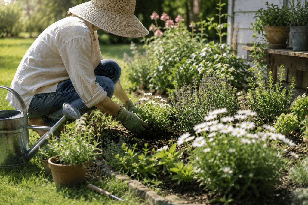 Woman gardening in a sunny flower bed