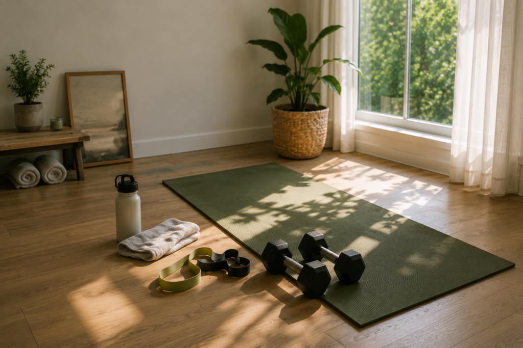 Minimal home workout corner with dumbbells and yoga mat.