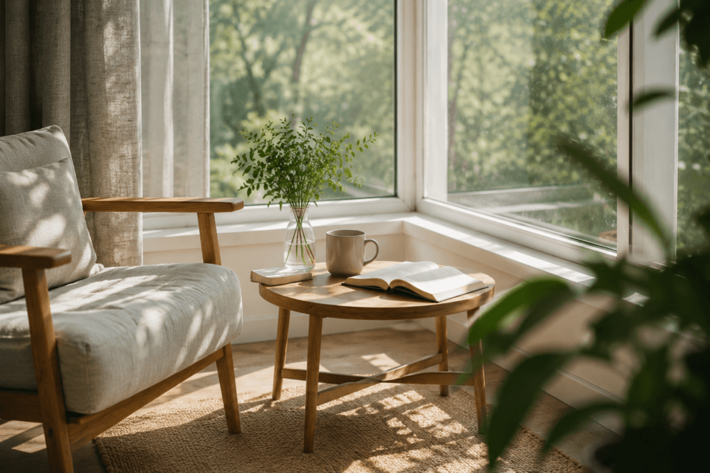 Sunlit reading corner with an open book and coffee mug