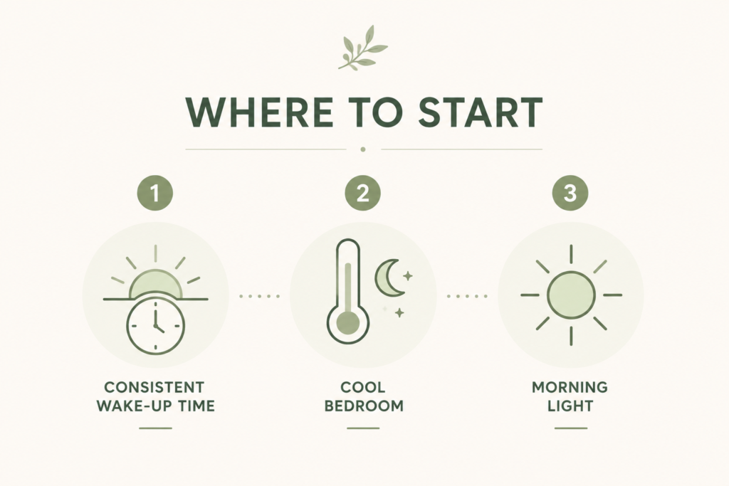 Minimal infographic showing three simple steps for better sleep: consistent wake-up time, a cool bedroom, and morning light.
Sleep Hygiene After 40