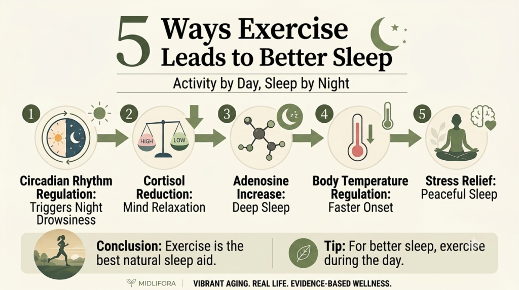 Infographic titled '5 Ways Exercise Leads to Better Sleep' with a light cream background and green accents. It lists five concise points with clean line-art icons: 1. Circadian Rhythm Regulation (Triggers Night Drowsiness), 2. Cortisol Reduction (Mind Relaxation), 3. Adenosine Increase (Deep Sleep), 4. Body Temperature Regulation (Faster Sleep Onset), and 5. Stress Relief (Peaceful Sleep). The bottom includes a concluding note and a tip for daytime exercise.