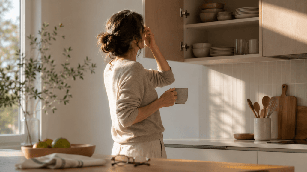 A woman experiencing menopause brain fog pauses in front of an open kitchen cabinet after forgetting what she came for.