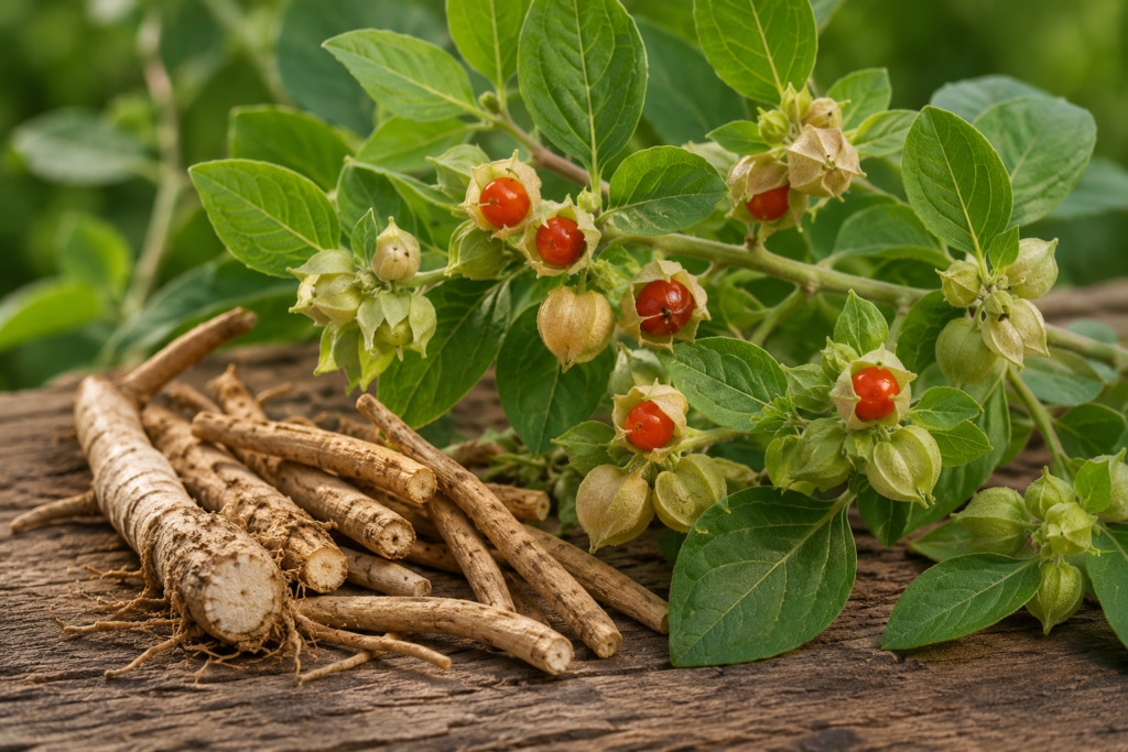 Fresh ashwagandha (Withania somnifera) roots and ripe orange-red berries with green leaves, highlighting the medicinal plant used in traditional herbal medicine.