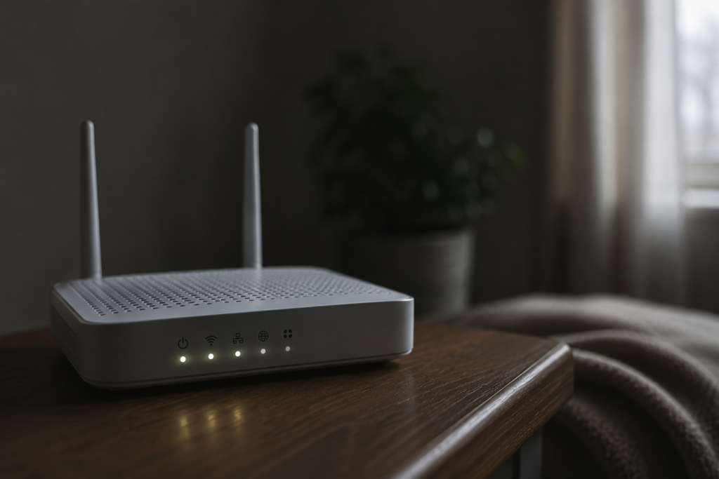 Brain fog in midlife concept showing a WiFi router with softly glowing signal lights in a dim room, symbolizing hormone-related changes in mental clarity.