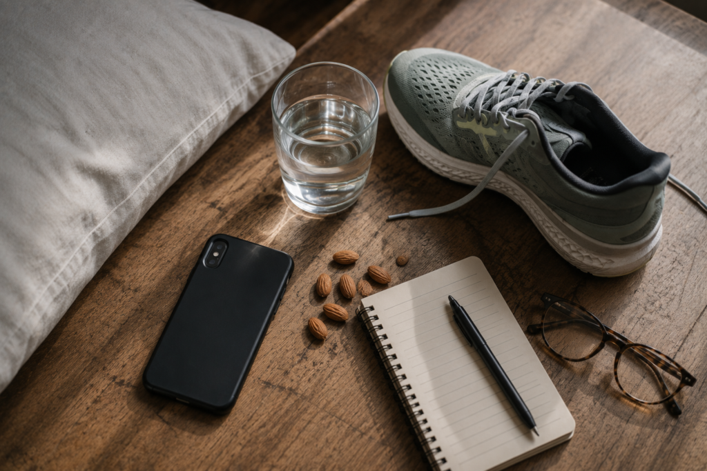 Flat lay of a walking shoe, glass of water, almonds, smartphone, notebook, and pillow on a wooden surface, representing everyday habits that support brain health and mental clarity.