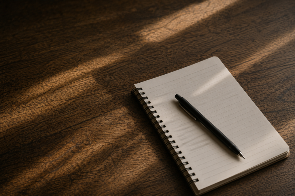 A notebook with a pen resting across blank pages on a wooden table, creating a quiet moment that suggests a pause in thought and reflection.