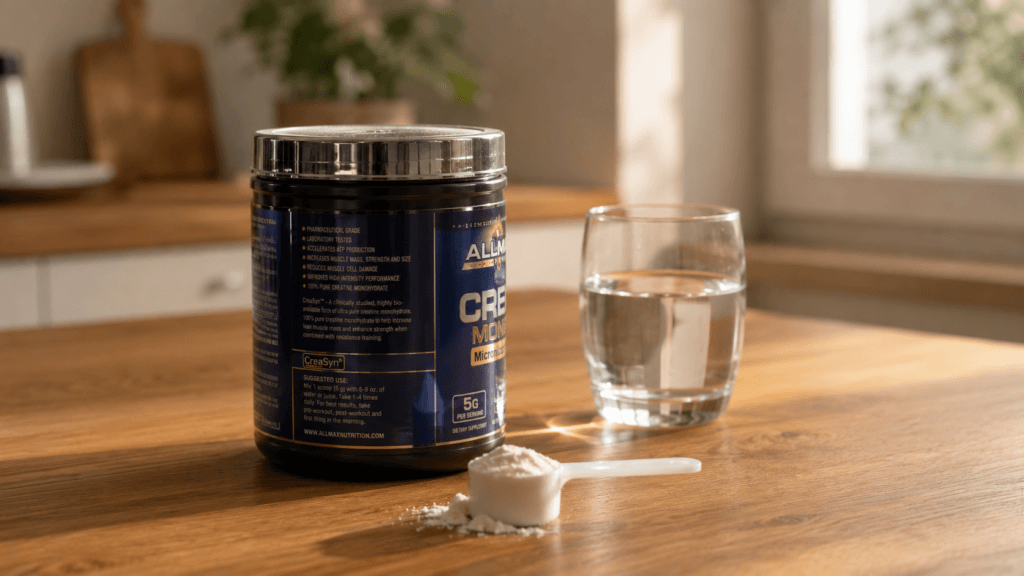 A container of creatine powder with a scoop and glass of water, representing one of the brain fog supplements being studied for menopause-related cognitive symptoms.