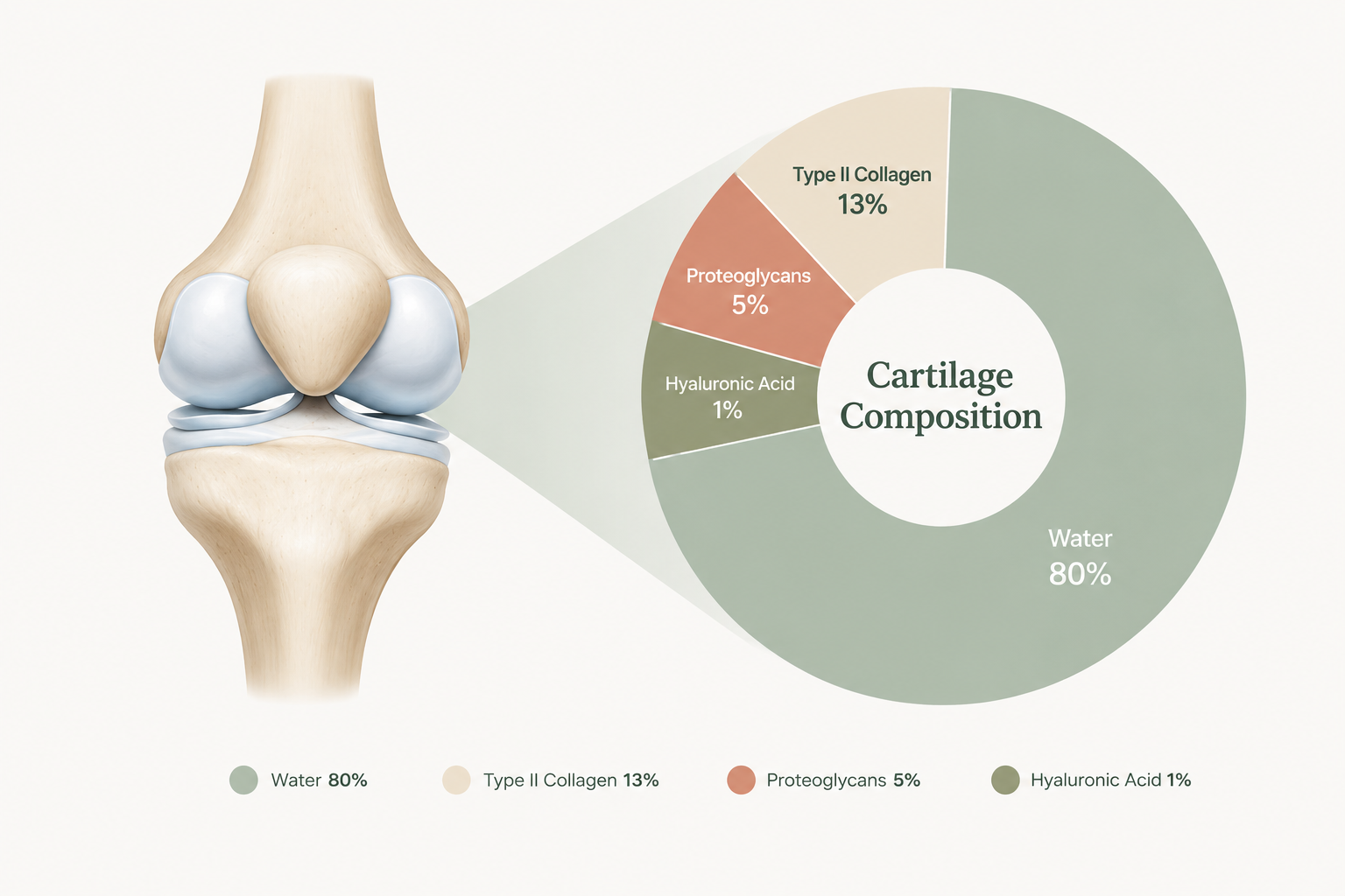 Cartilage composition showing water, type II collagen, proteoglycans, and hyaluronic acid