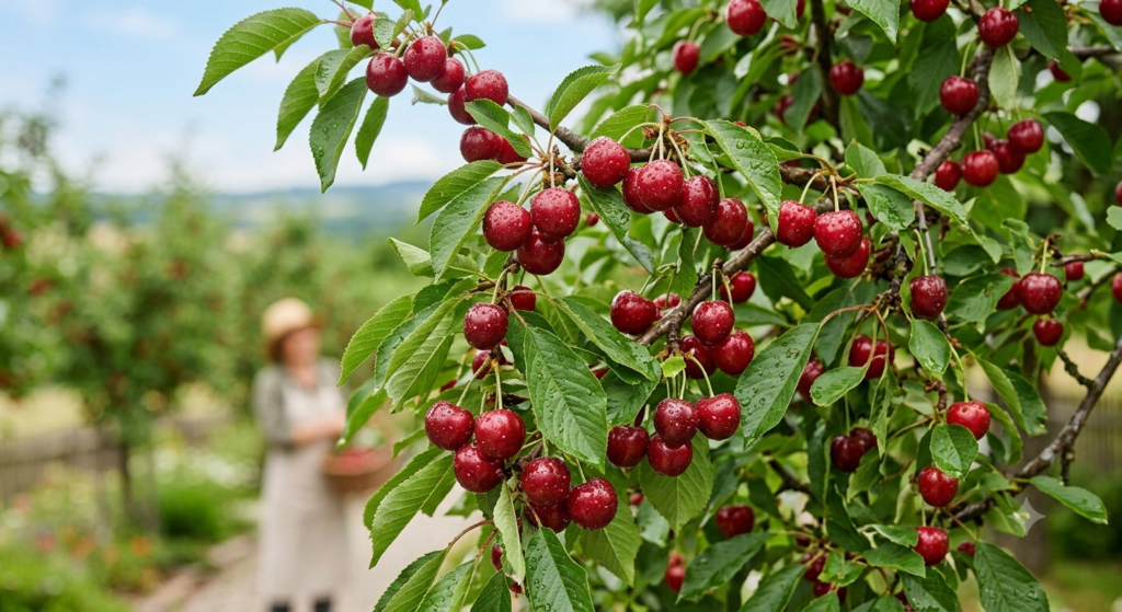 A ripe cherry branch with water droplets, in front of a blurred picker.