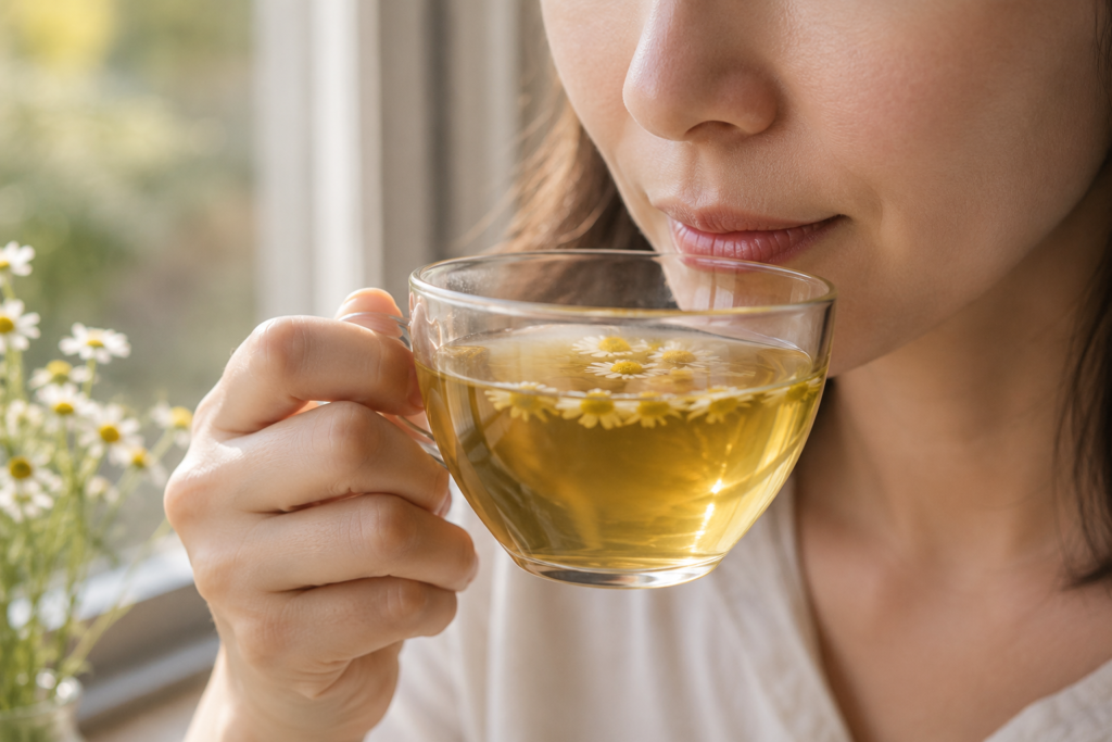Close-up of a woman drinking chamomile tea by a sunlit window.
