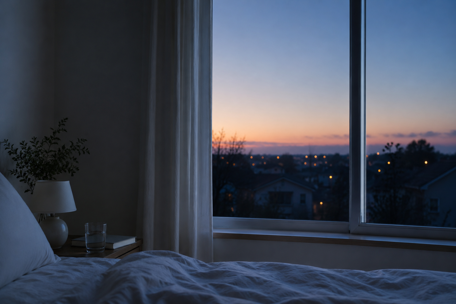 Quiet bedroom before sunrise with soft dawn light through a window, representing early morning awakening.
