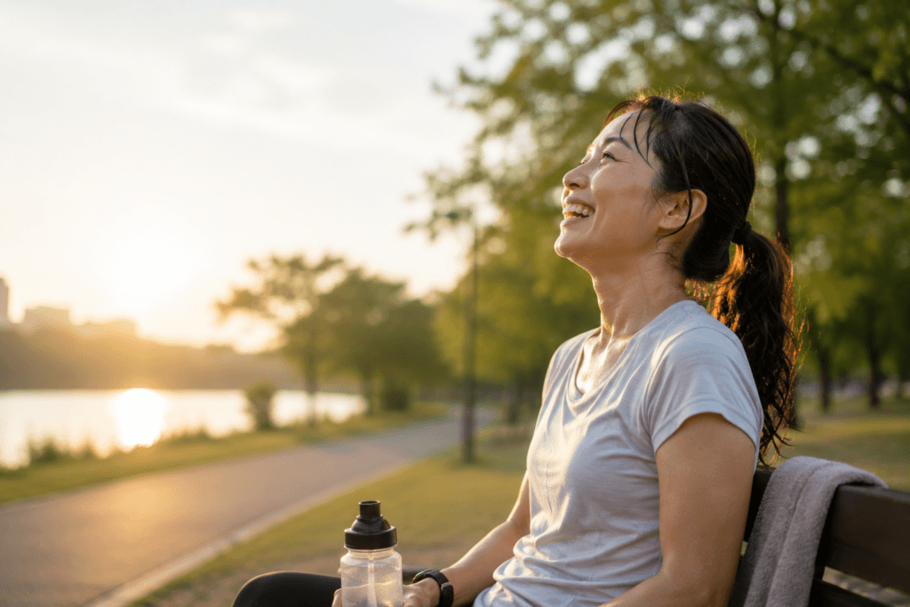 Exercise after 40: smiling woman relaxing after a workout in a sunlit park, showing the positive mental health benefits of regular exercise.