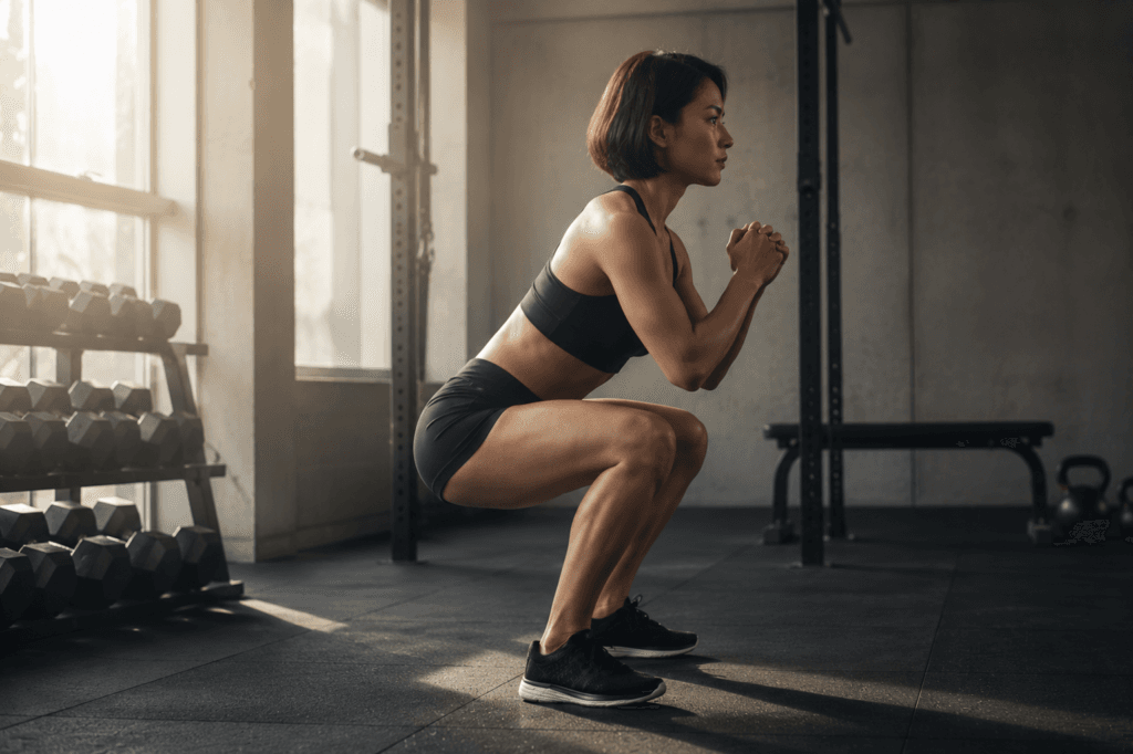Exercise after 40: side profile of a woman performing a bodyweight squat in a modern gym with short hair and proper squat form.
