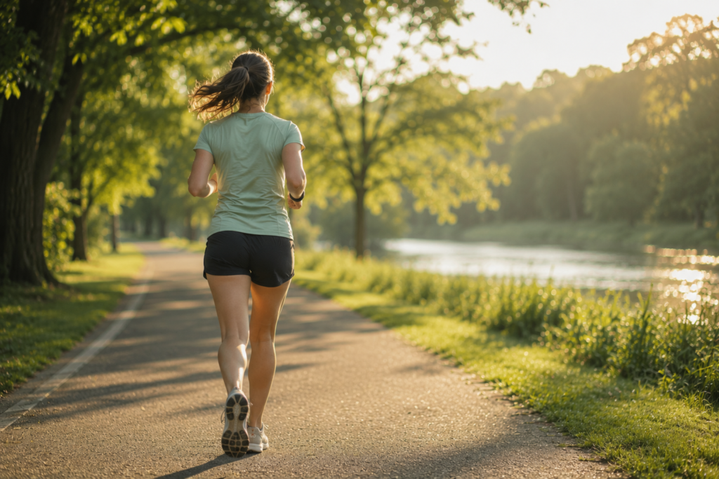 Woman running along a peaceful riverside trail at sunrise.