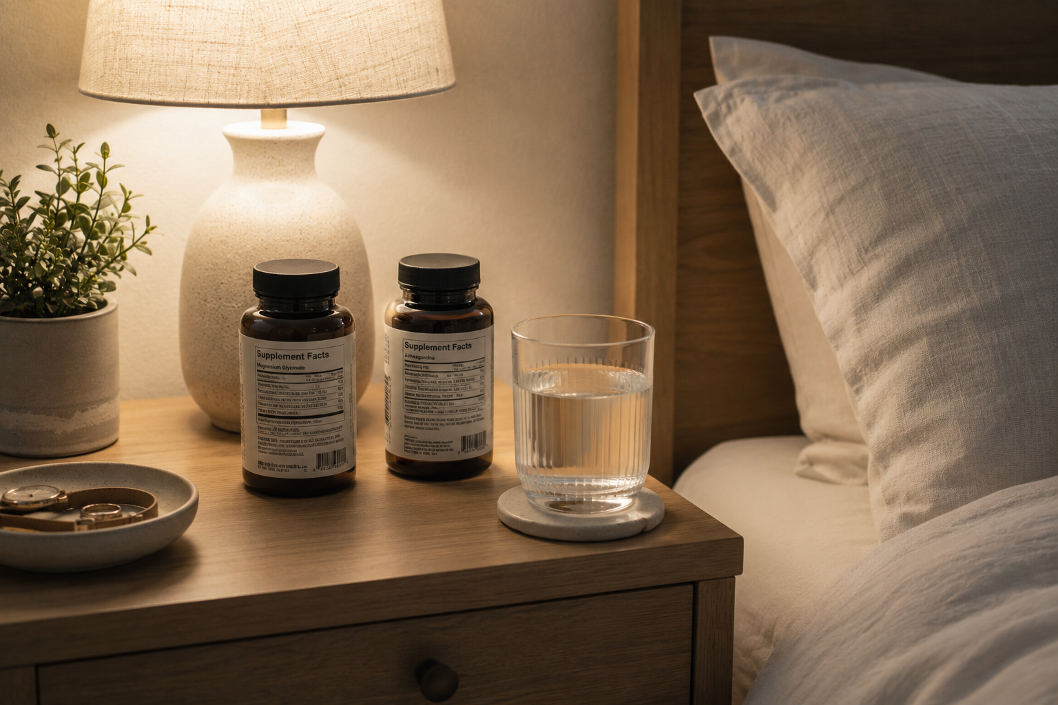 Bedside table with magnesium and ashwagandha bottles next to a glass of water.