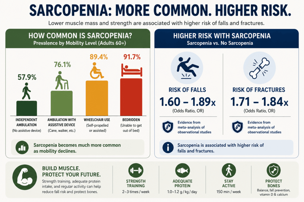 Infographic showing how sarcopenia prevalence increases as mobility declines, along with the higher risk of falls and fractures associated with sarcopenia in older adults.