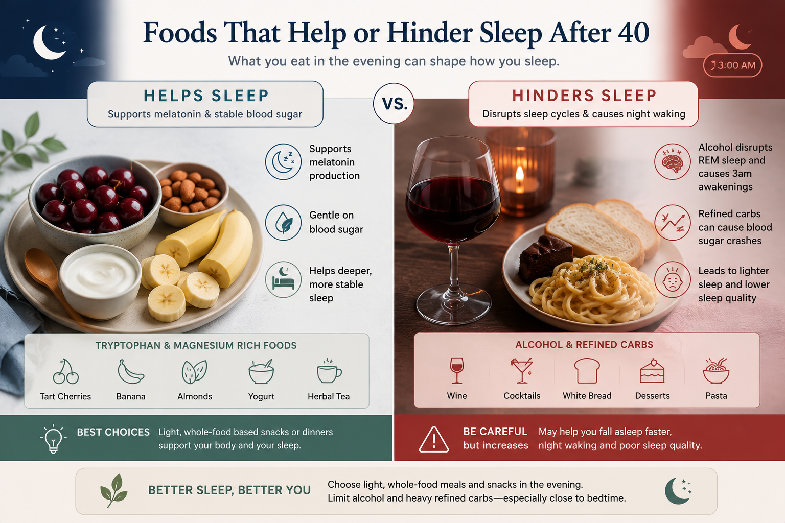 Comparison infographic of sleep-friendly foods versus alcohol and refined carbohydrates for better sleep.