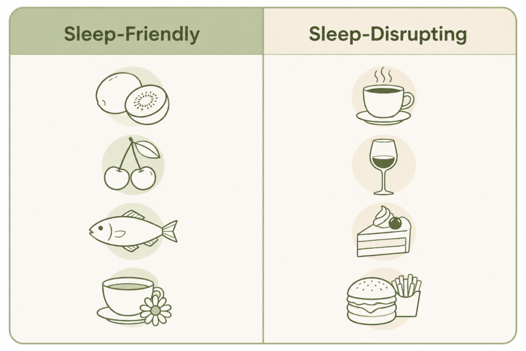 Sleep-friendly foods including kiwi, tart cherries, fatty fish, and chamomile tea compared with sleep-disrupting coffee, wine, sugary dessert, and fast food.