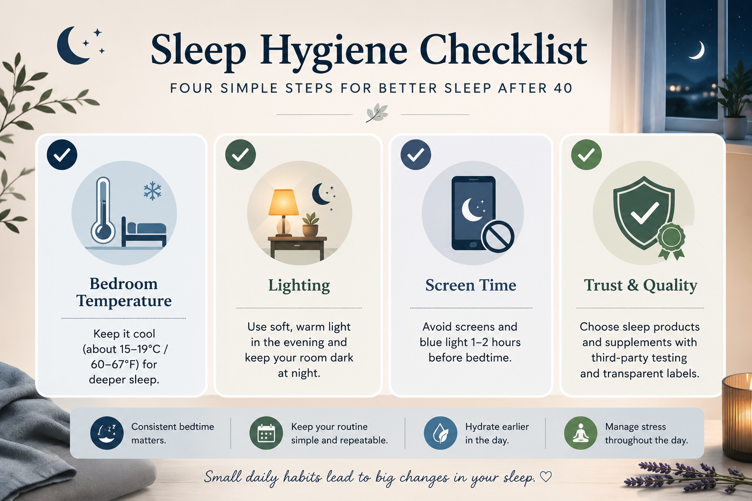 Sleep hygiene checklist with bedroom temperature, lighting, screen time, and trusted product reminders.