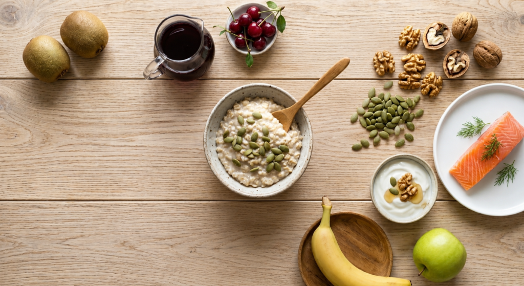 Foods for Sleep on a light wooden table.