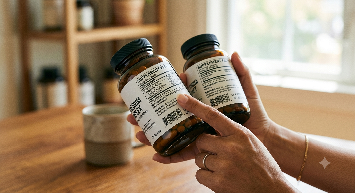 Sleep supplement buying guide — magnesium and ashwagandha bottles with labels visible