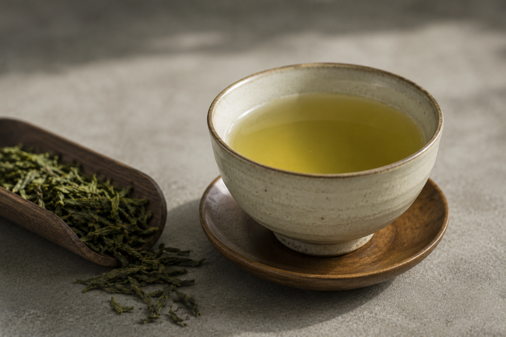Traditional ceramic teacup filled with freshly brewed green tea beside loose dried green tea leaves.