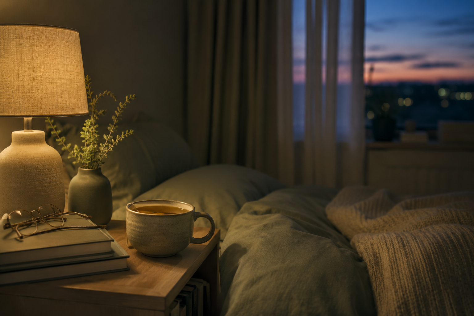 Bedroom at night illustrating waking up at 3AM with a calm, minimalist sleep environment.