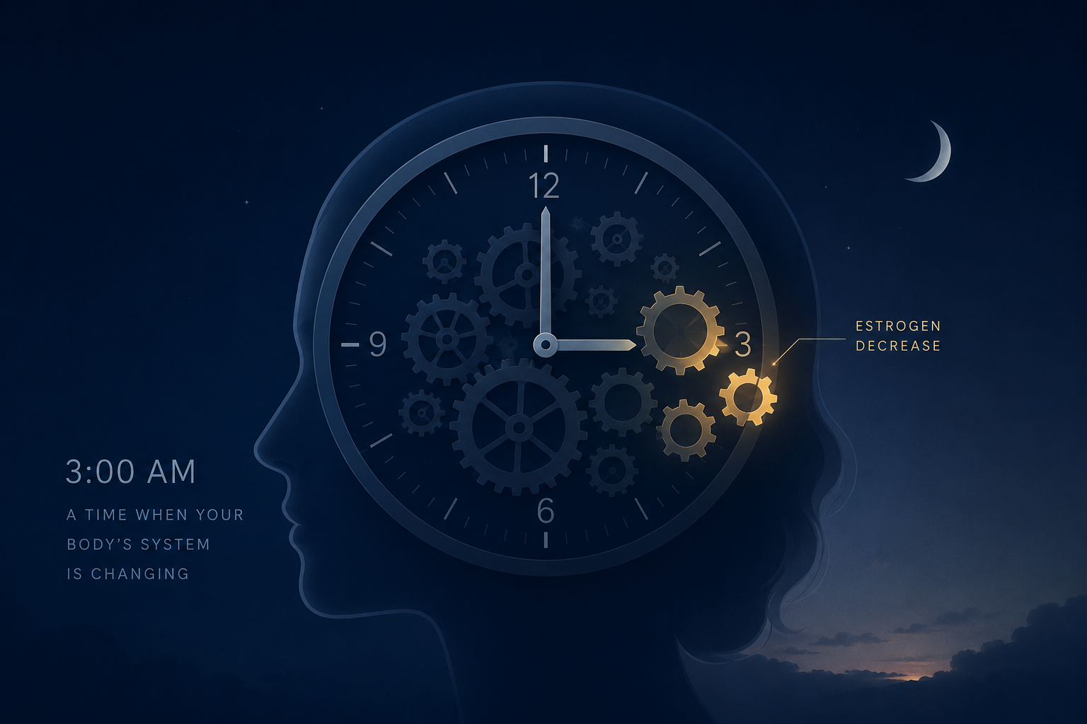 Illustration of a body clock showing 3 AM with disrupted hormone gears representing estrogen decline and midlife sleep changes.