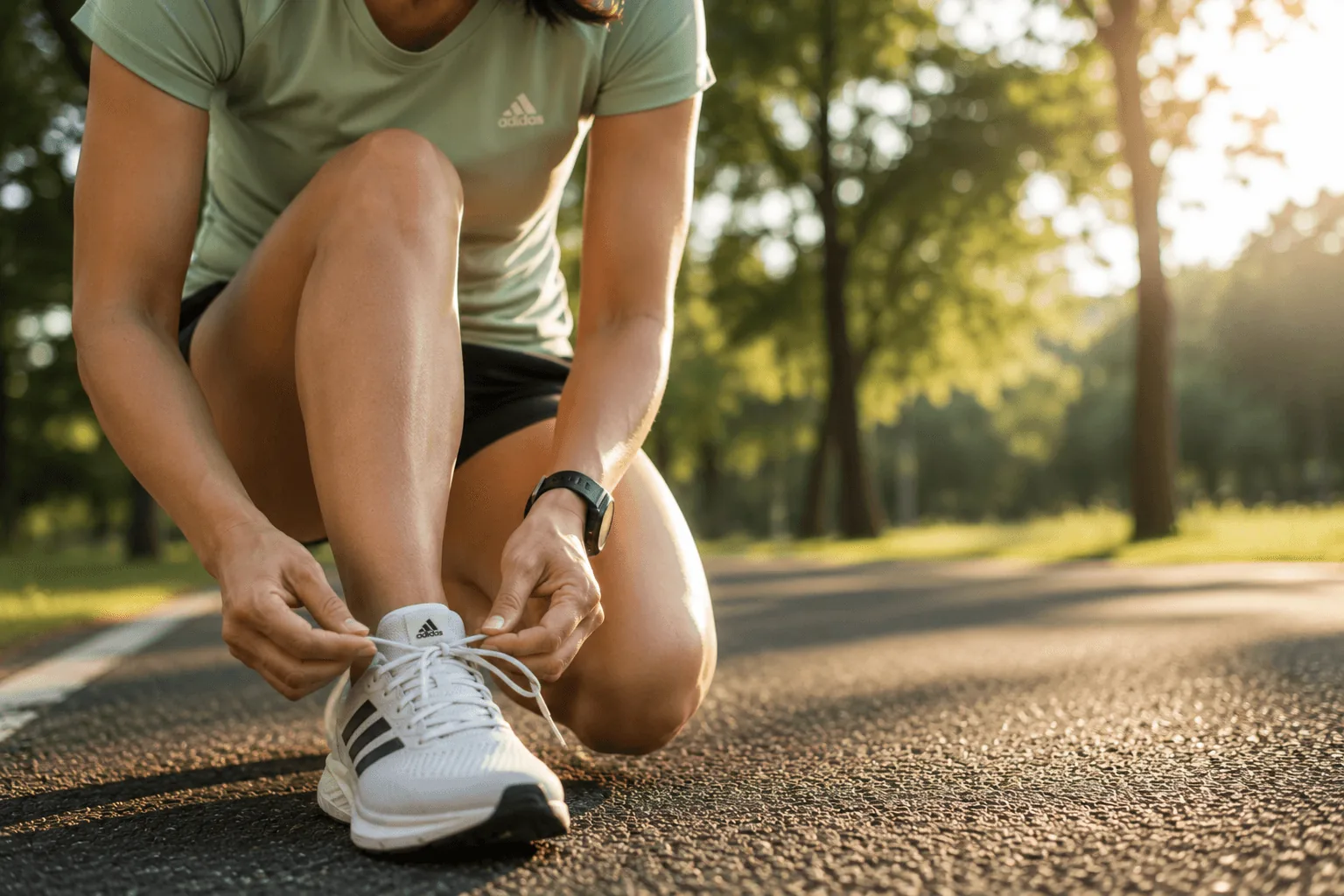 Woman tying her running shoes before a morning walk in a sunlit park.