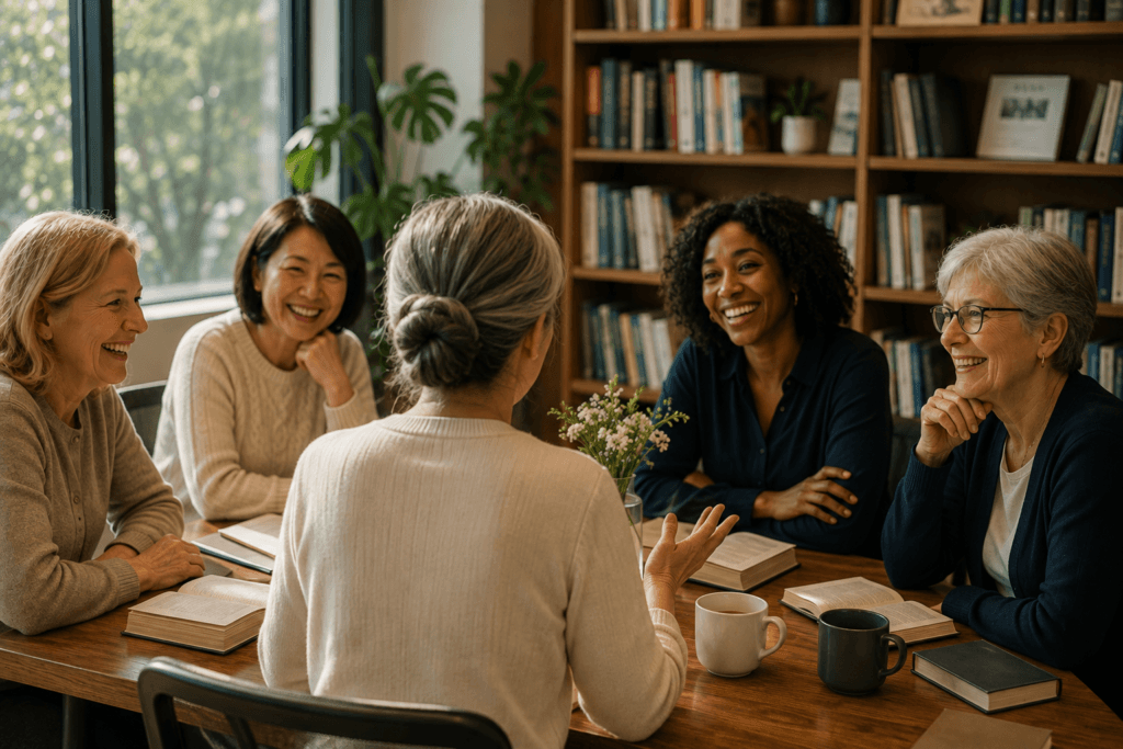 Back view of a woman in her 50s with silver-gray hair in a neat bun enjoying a lively book club discussion with a diverse group of smiling friends in a modern library café.