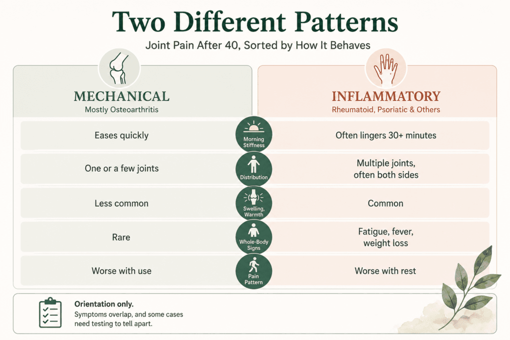 Comparison of mechanical and inflammatory joint pain after 40 by stiffness, distribution, and swelling