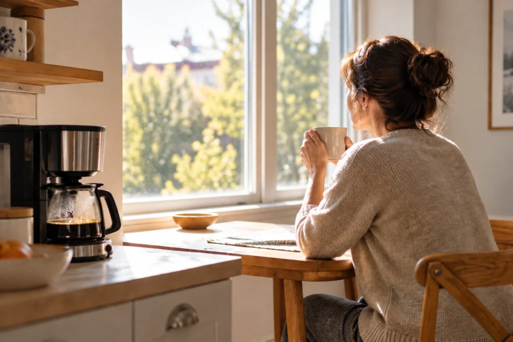 Woman sitting by a window with coffee during a 5-minute stress habit