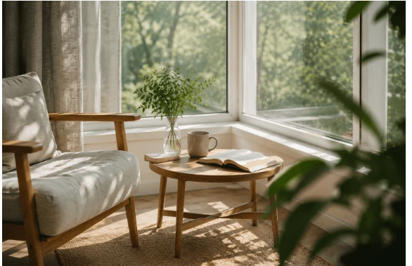 5-minute stress habits — quiet morning coffee and journaling by a window