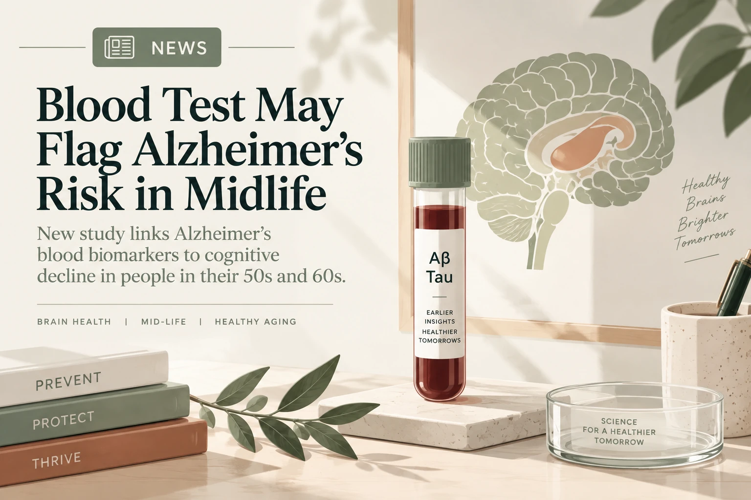 Illustration of an Alzheimer's blood biomarker test with Aβ and tau blood sample beside a brain diagram, representing midlife cognitive decline research
