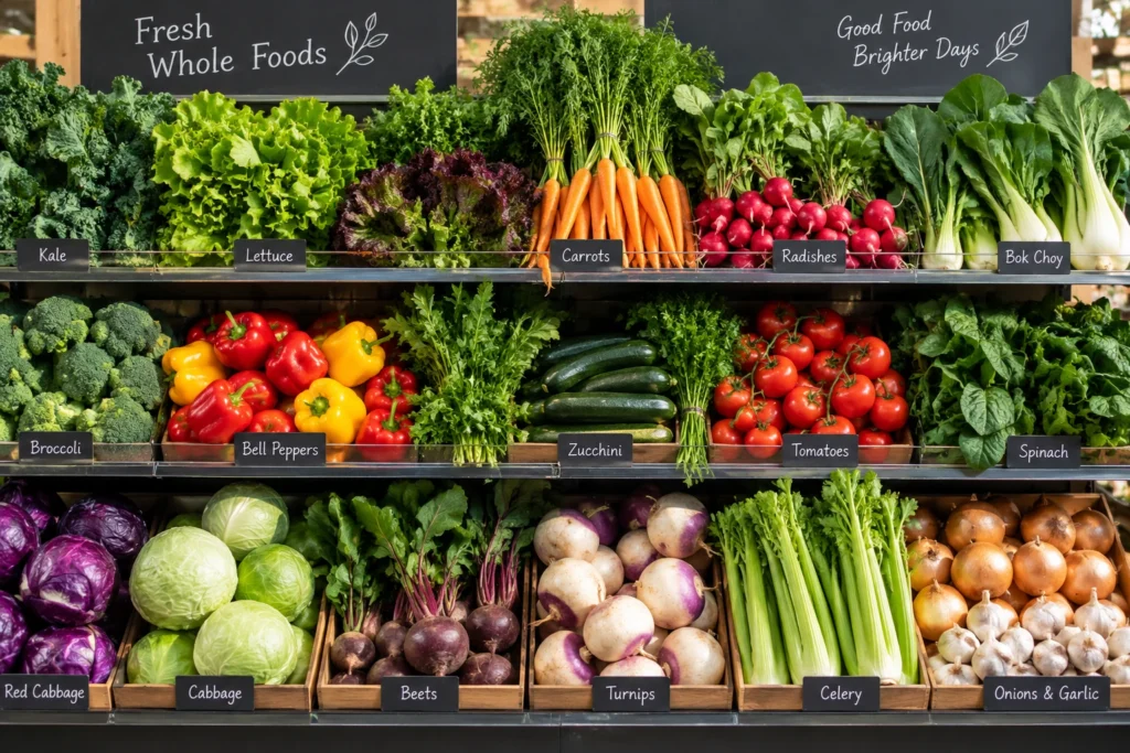 Colorful whole foods market display with fresh vegetables
