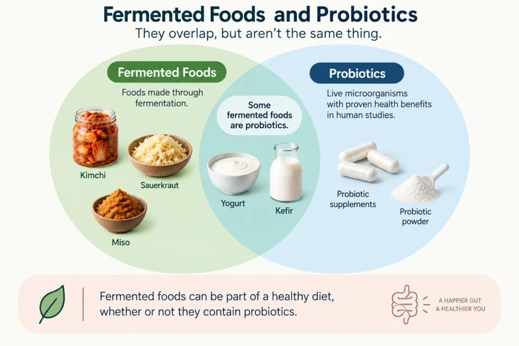 Infographic showing how fermented foods and probiotics overlap but are not the same thing