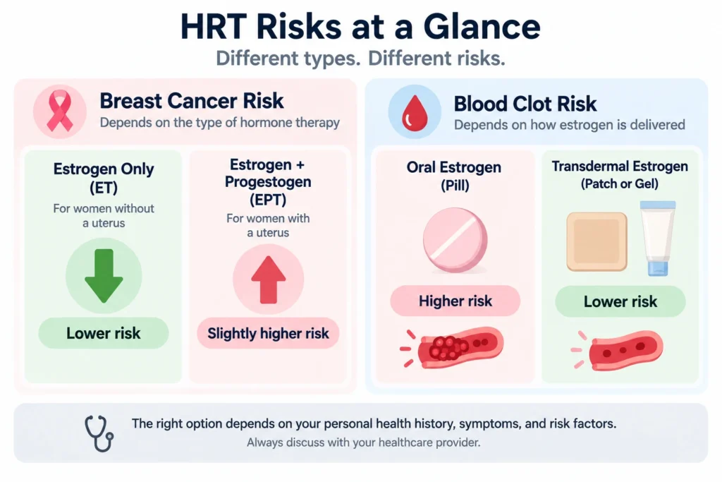 HRT risks infographic comparing breast cancer and blood clot risks