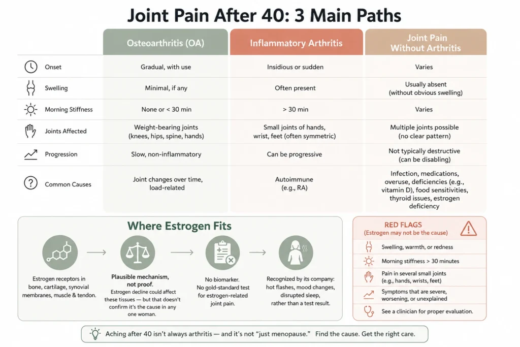 Joint pain after 40 infographic comparing osteoarthritis, inflammatory arthritis, and joint pain without arthritis, with estrogen-related considerations