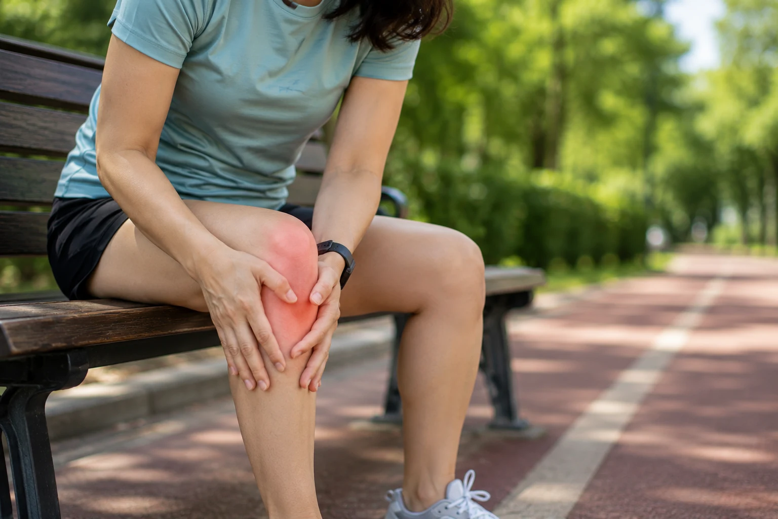 Middle-aged woman in running clothes sitting on a park bench and holding a reddened knee