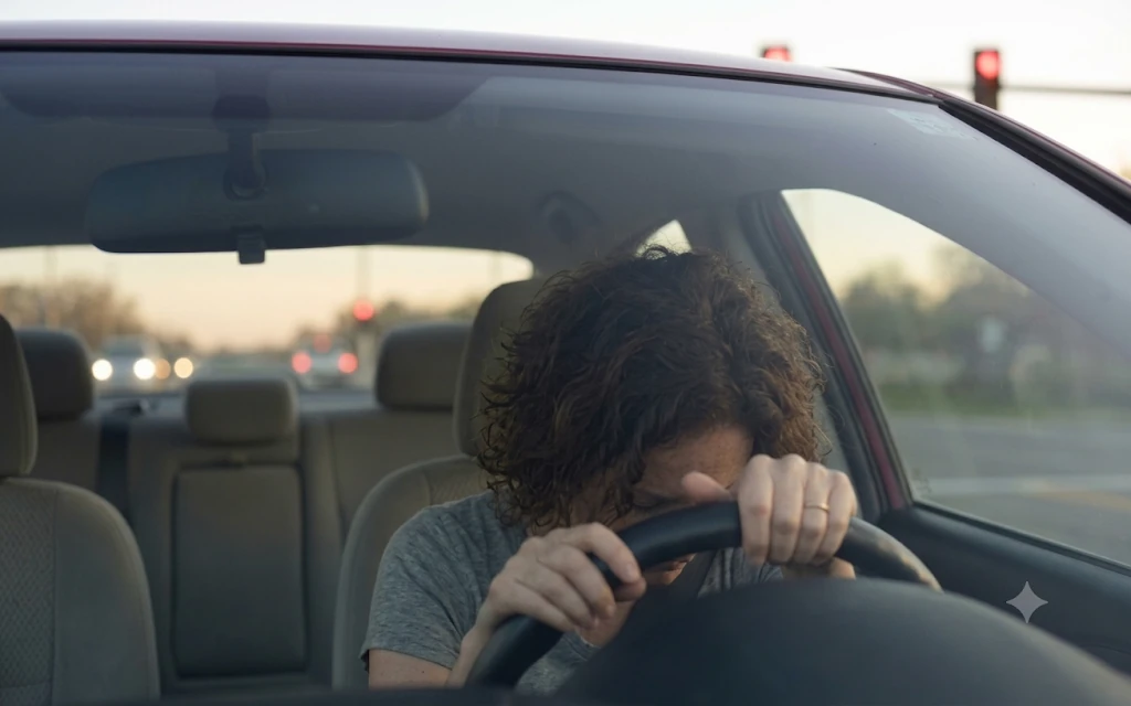 Middle-aged woman gripping a steering wheel in frustration, illustrating midlife stress at a traffic light