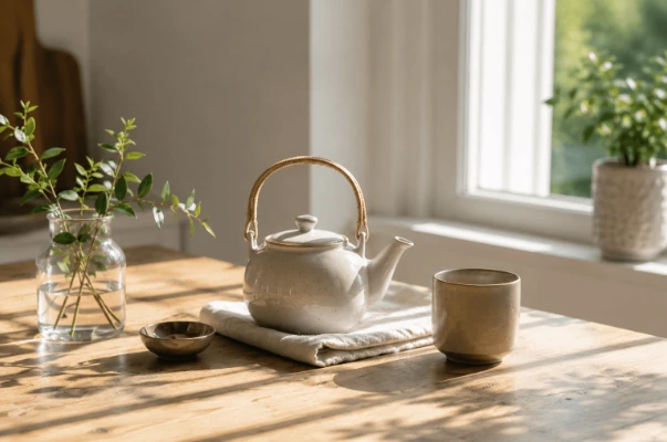 Calm morning tea setting with a ceramic teapot and cup by a sunny window
