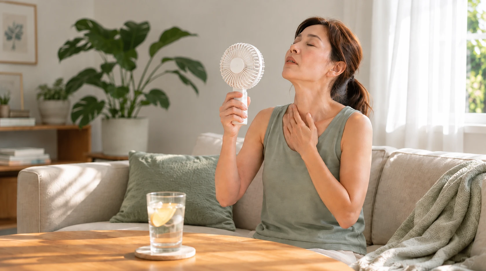 Woman experiencing a hot flash during perimenopause hormone changes