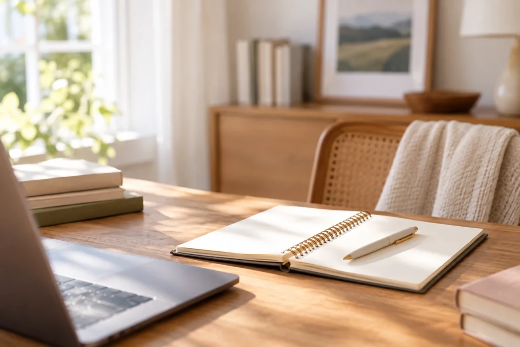 Open notebook and pen on a sunlit home desk prepared for a medical appointment