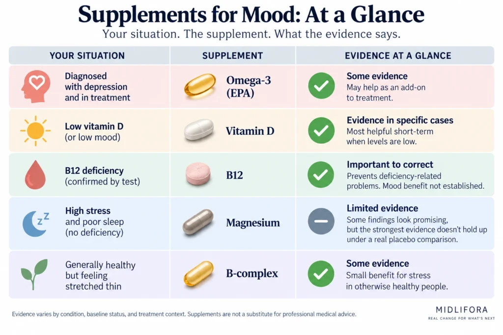 Five situations matched with omega-3, vitamin D, B12, magnesium, and B-complex, showing what the evidence says about each supplement.