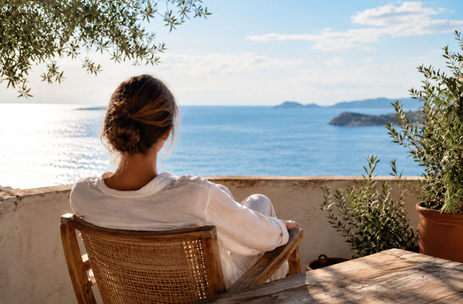 Supplements for mood — woman reflecting by the sea on a quiet terrace