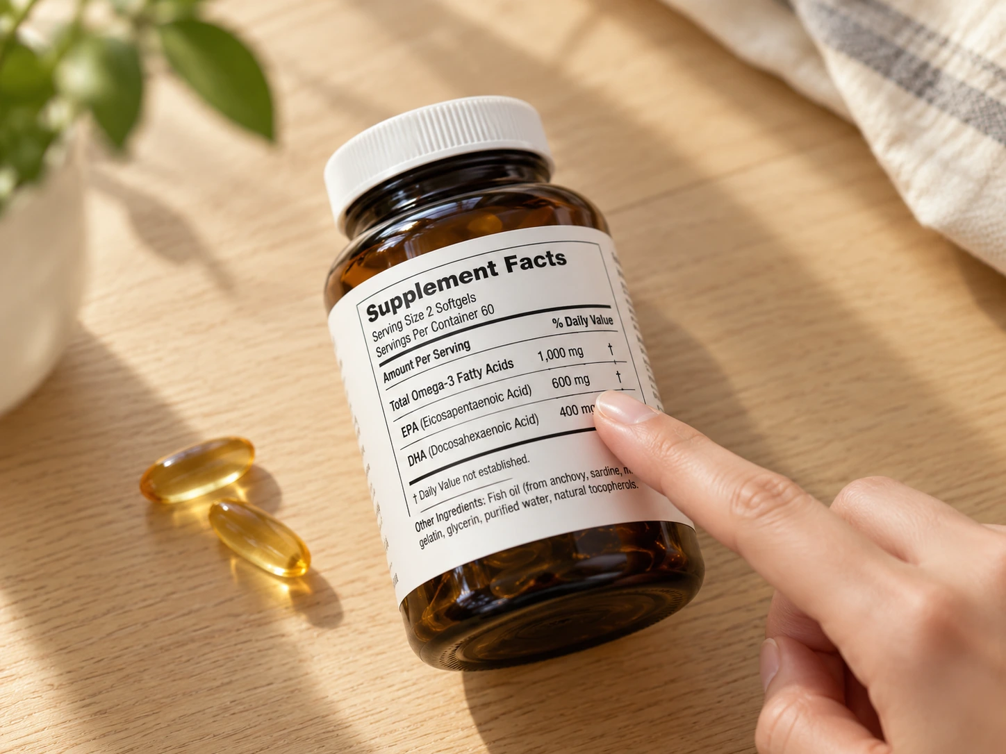A hand pointing to the Supplement Facts label on a fish oil bottle to choose an omega-3 supplement
