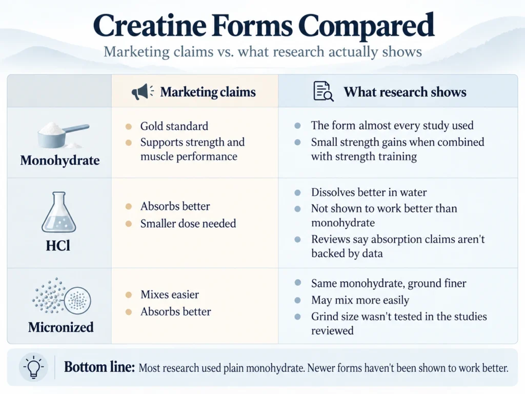How to choose creatine infographic comparing monohydrate, HCl, and micronized creatine in two columns: marketing claims and what research actually shows.