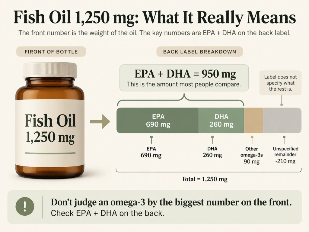 Infographic showing how Fish Oil 1,250 mg breaks down into EPA 690 mg, DHA 260 mg, other omega-3s 90 mg, and an unspecified remainder of about 210 mg