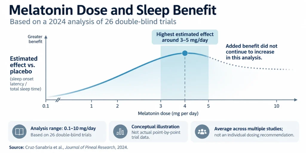Infographic showing estimated melatonin sleep benefits peaking around 3–5 mg per day, based on a 2024 analysis of 26 double-blind trials, with no continued increase in benefit at higher doses.