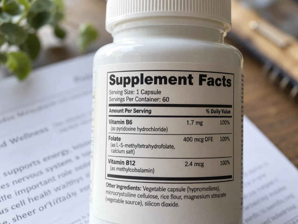 Close-up photo of a supplement bottle showing the Supplement Facts label with B6, folate, and B12 lines in focus, resting on paper under soft side lighting.